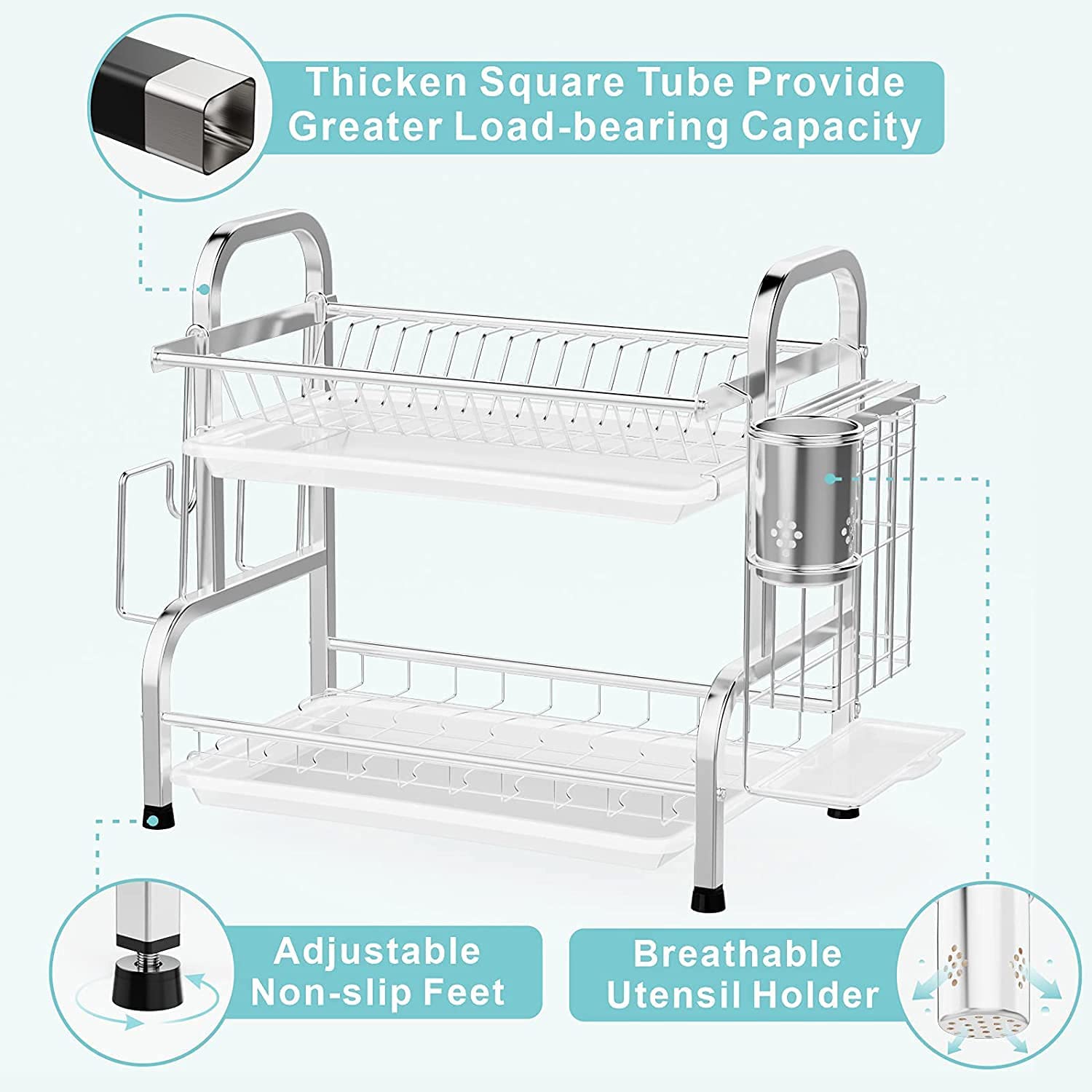 Stainless Steel 2-Tier Dish Drying Rack with Utensil Holder, Cutting Board Holder and Dish Drainer for Kitchen Counter (Silver)