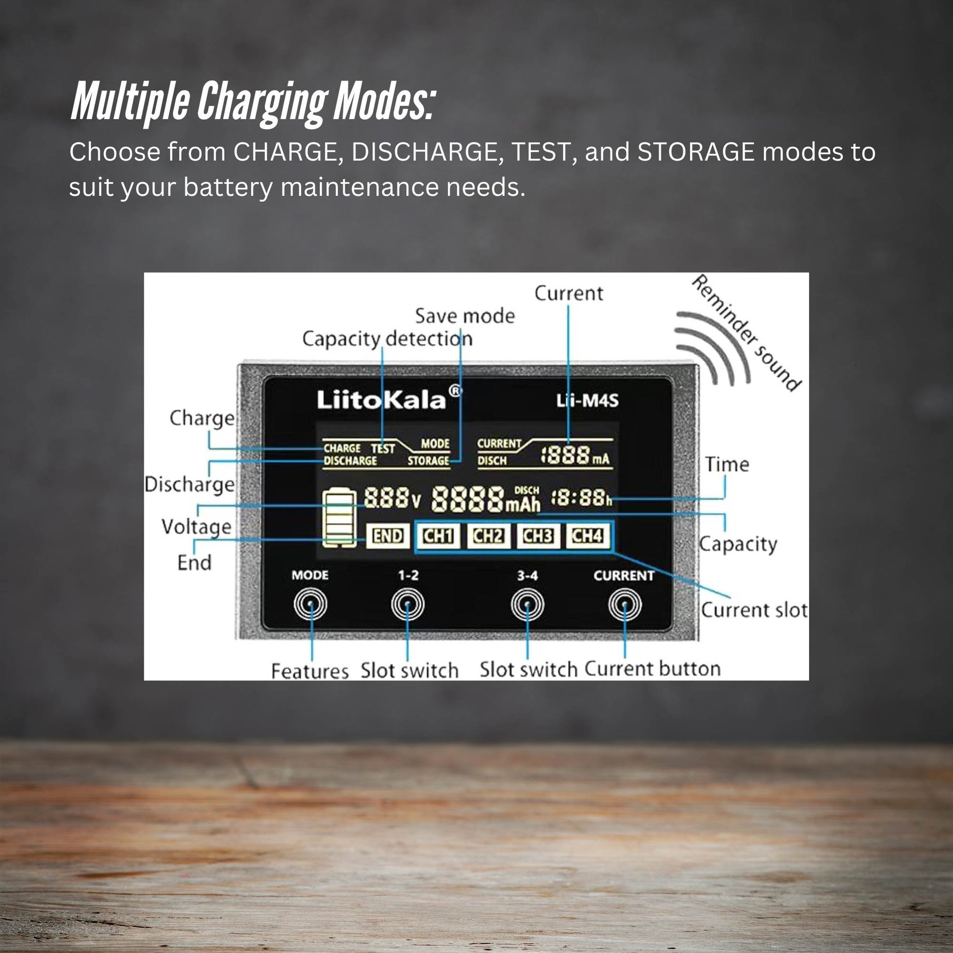 LiitoKala Lii-M4S Battery Charger LCD 4-Slot USB Li-ion NiMH Test Discharge Mode