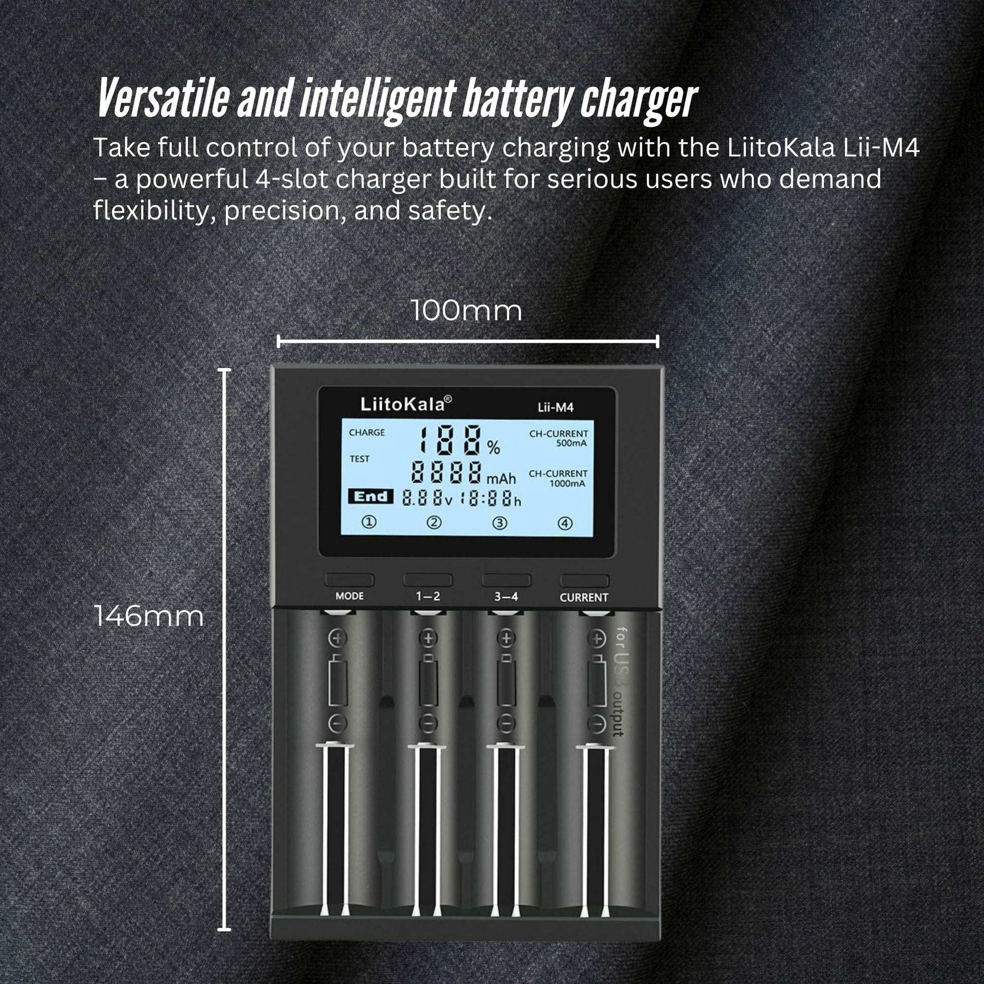 LiitoKala Lii-M4 Smart Battery Charger LCD - 4-Slot USB for 18650 AA AAA Li-ion