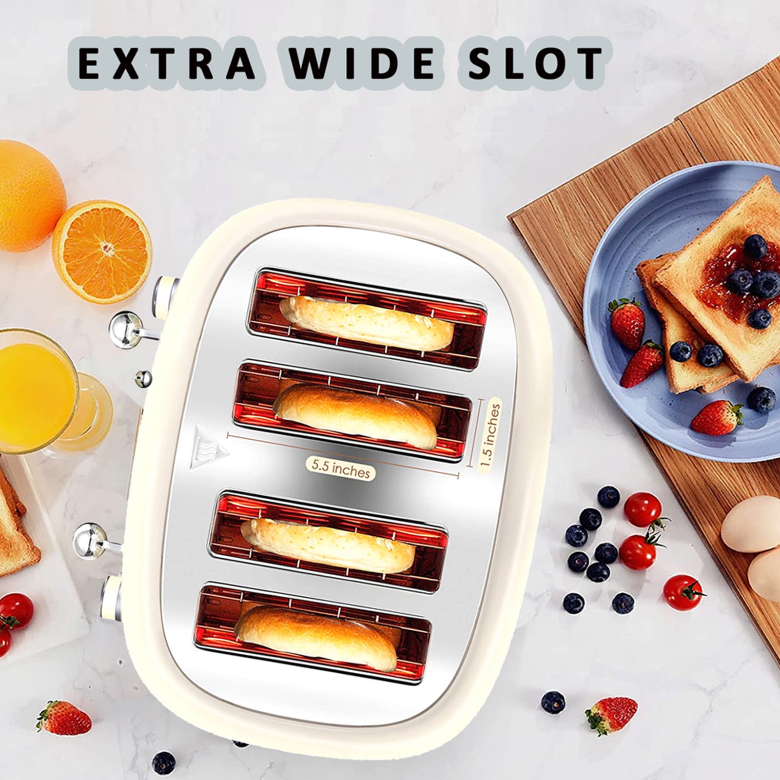 PHILEX 4-Slice Electric Toaster Bread Reheat Defrost Retro Retro IVORY