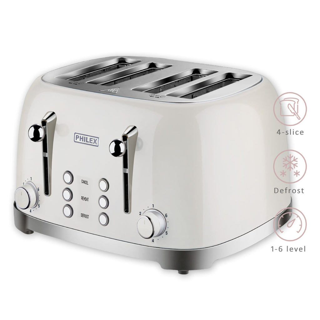 PHILEX 4-Slice Electric Toaster Bread Reheat Defrost Retro Retro IVORY