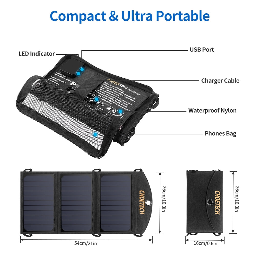 19W Portable Solar Panel Charger SunPower Panels Dual USB Charger for Outdoors
