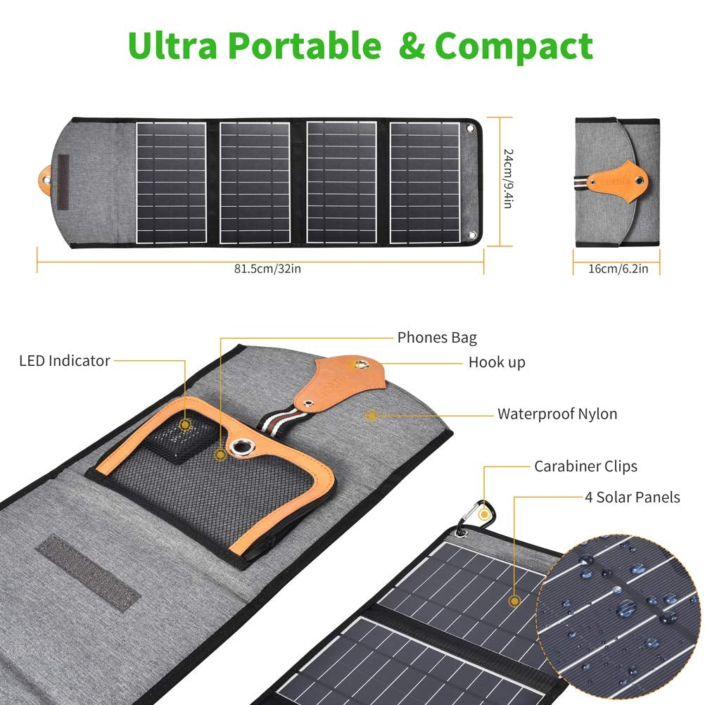 22W Portable Waterproof Foldable Solar Panel Charger (Dual USB Ports)