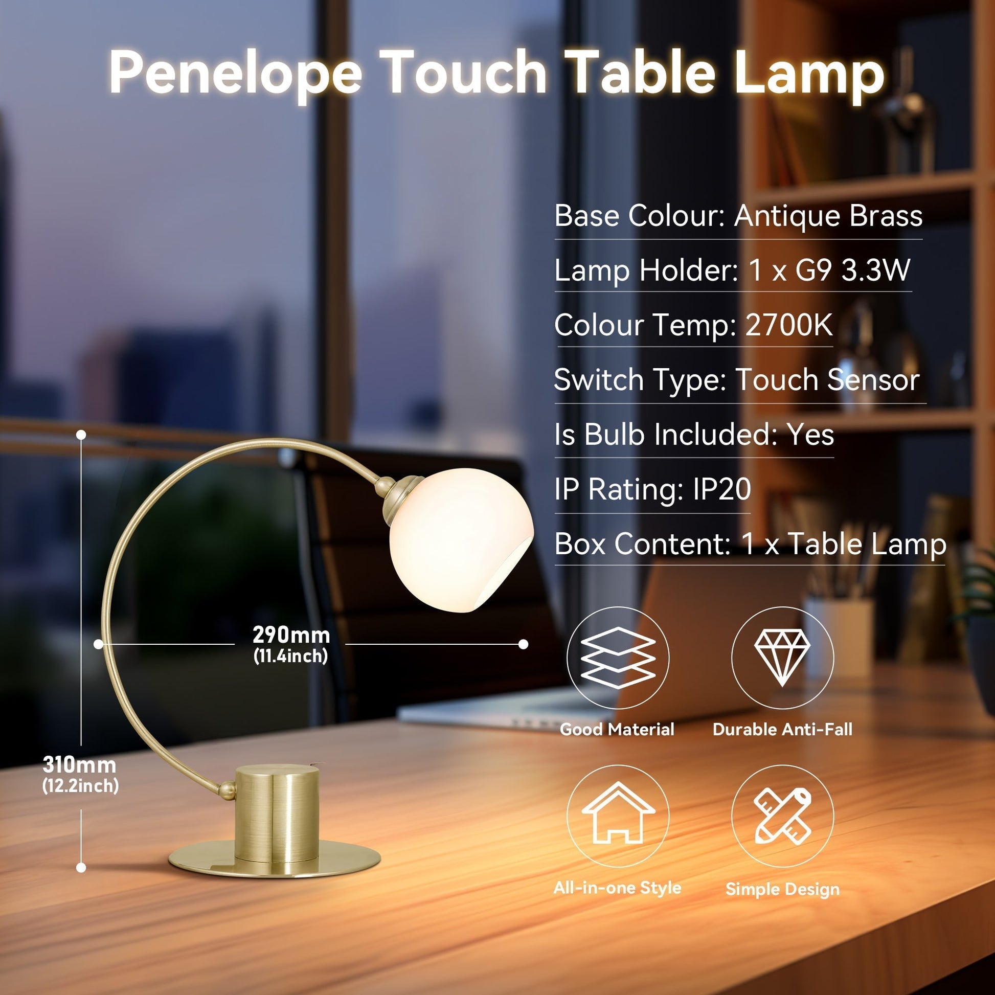 Penelope Touch Table Lamp - Antique Brass