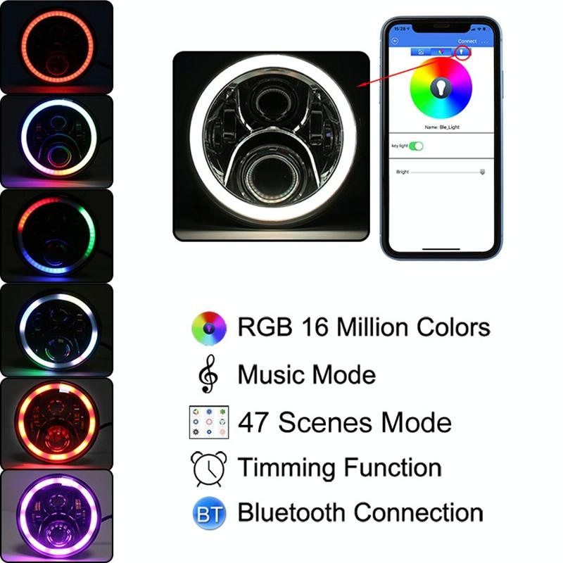 2 Pcs 7 Inch Dc12V 6000K - 6500K 50W Car Led Headlight Cree Lamp Beads For Jeep Wrangler / Harley Support App + Bluetooth Control Black