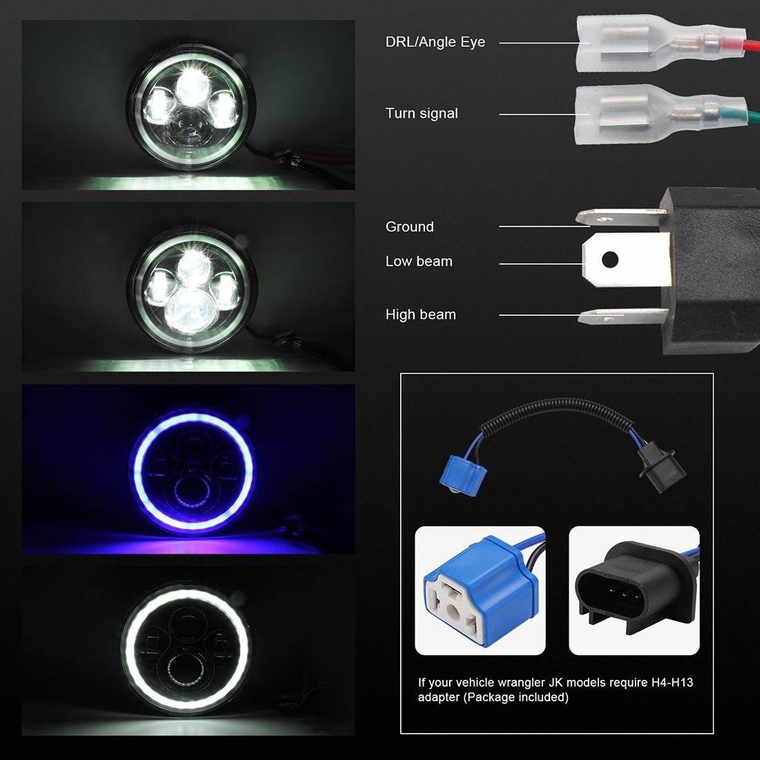 7 Inch H4 / H13 Dc 9V - 30V 3000Lm 6000K 30W Ip67 4Led Lamp Beads Car Round Shape Led Headlight Lamps For Jeep Wrangler / Harley With Angel Eye