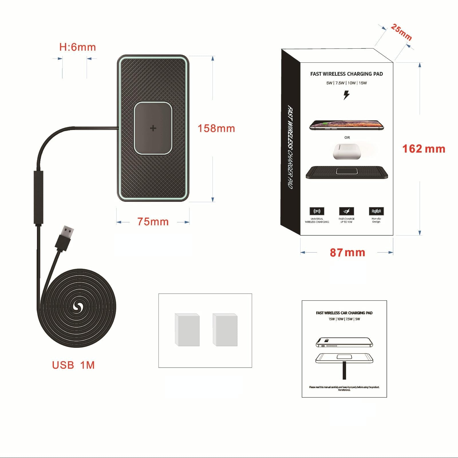 Wireless Car Charger with Anti-slip Pad for Airpods / Iphone - 15w