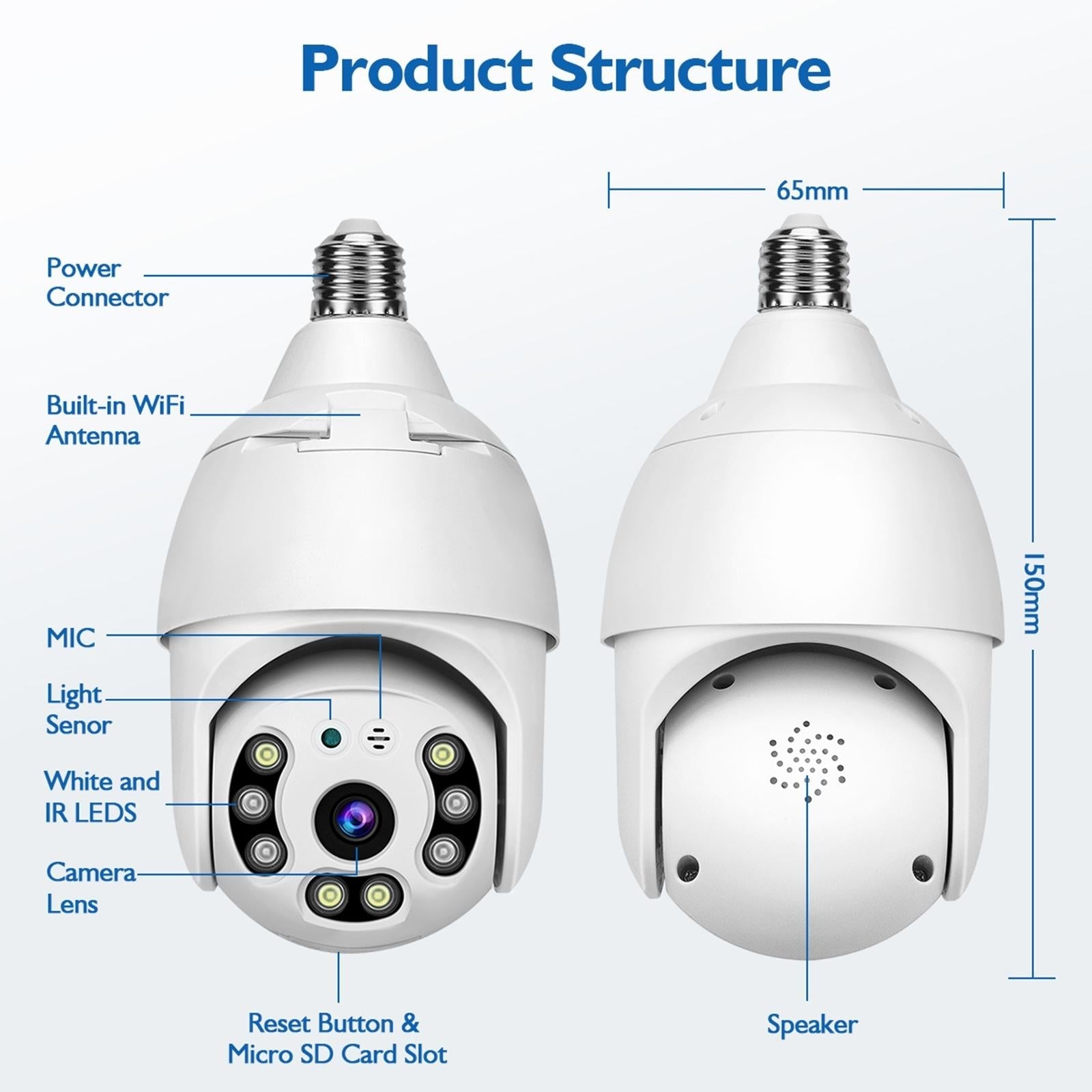 Smart Wifi Outdoor Light Bulb Camera - 1080P Hd 3.0Mp Night Vision Motion Detection Tf Card Support