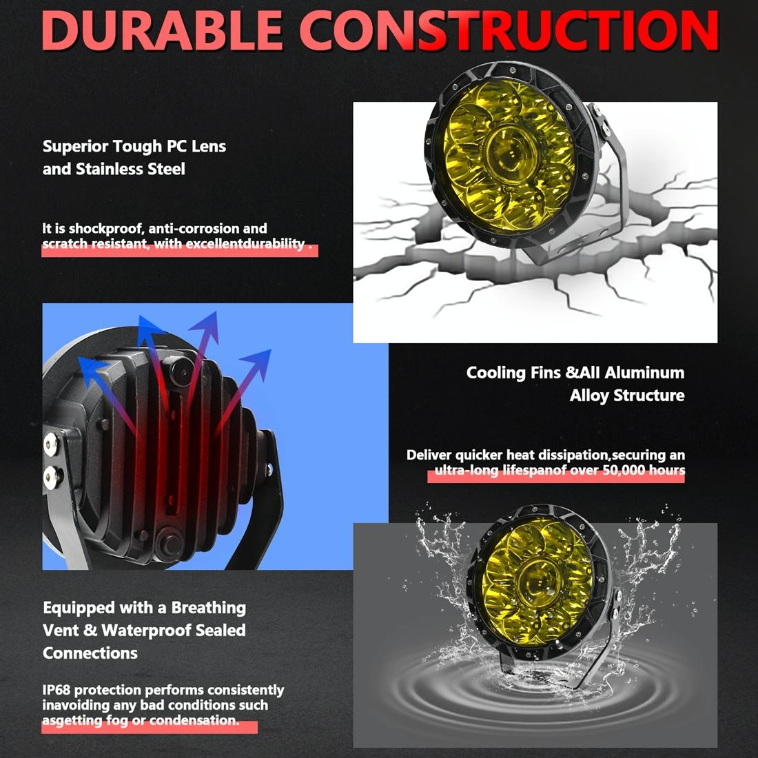 55W 6000Lm / 6000K Off - Road Vehicle Round Work Light - Yellow