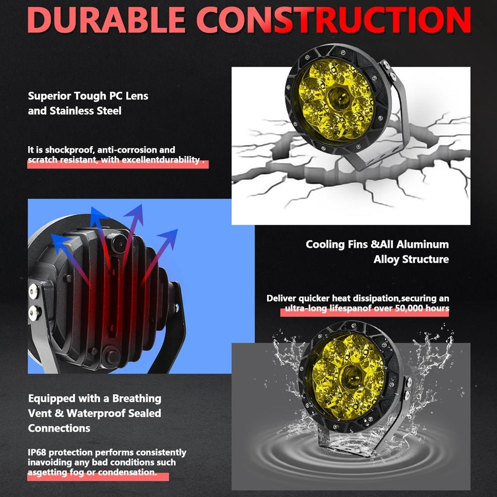 38W 4000Lm / 6000K Off - Road Vehicle Round Work Light - Yellow