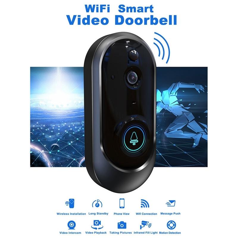 Smart Wifi Video Doorbell With Remote Monitoring & Voice Intercom - 720P 6400Mah Black