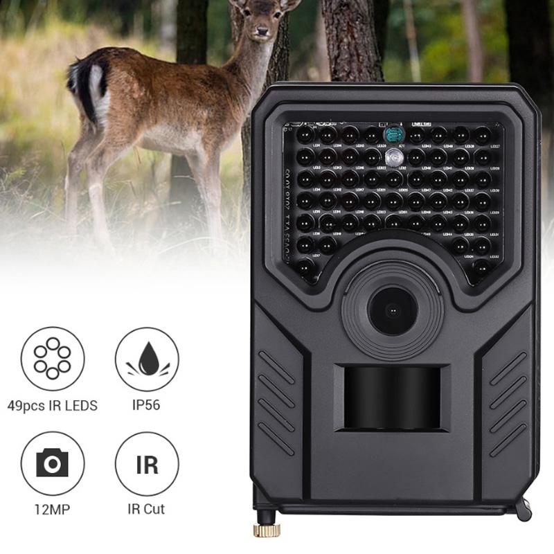 12Mp 1080P Hd Infrared Hunting Trail Camera With 120 Degree Wide Angle Lens And Ip56 Waterproof Design - Supports Tf Card Pir Distance 10-15M - Black