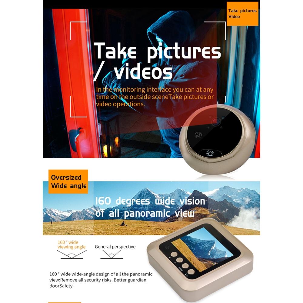 2.4 Screen 2.0Mp Security Camera With Night Vision And Video Recording - No Disturb Peephole Viewer - Gold