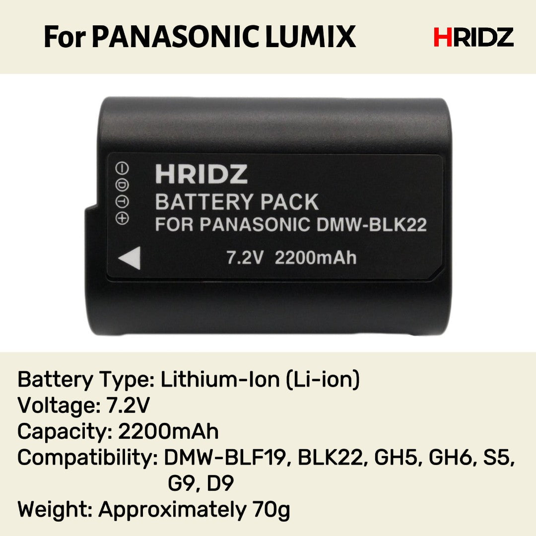 Hridz BLK22 2pcs Battery for Panasonic DMW-BLK22 LUMIX DSLR - 2-batteries only