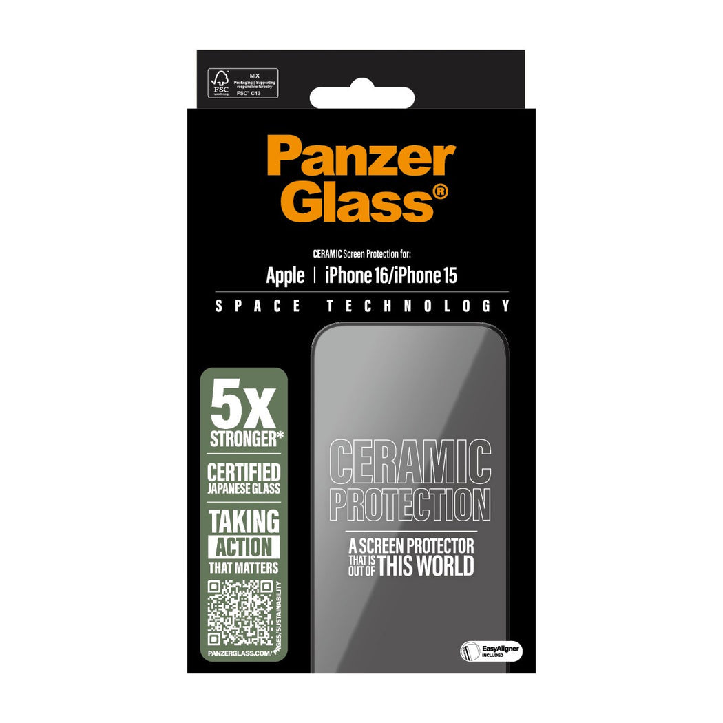 PanzerGlass Ultra-Wide Fit Ceramic Glass Screen Protector For iPhone 16 /15 - Clear