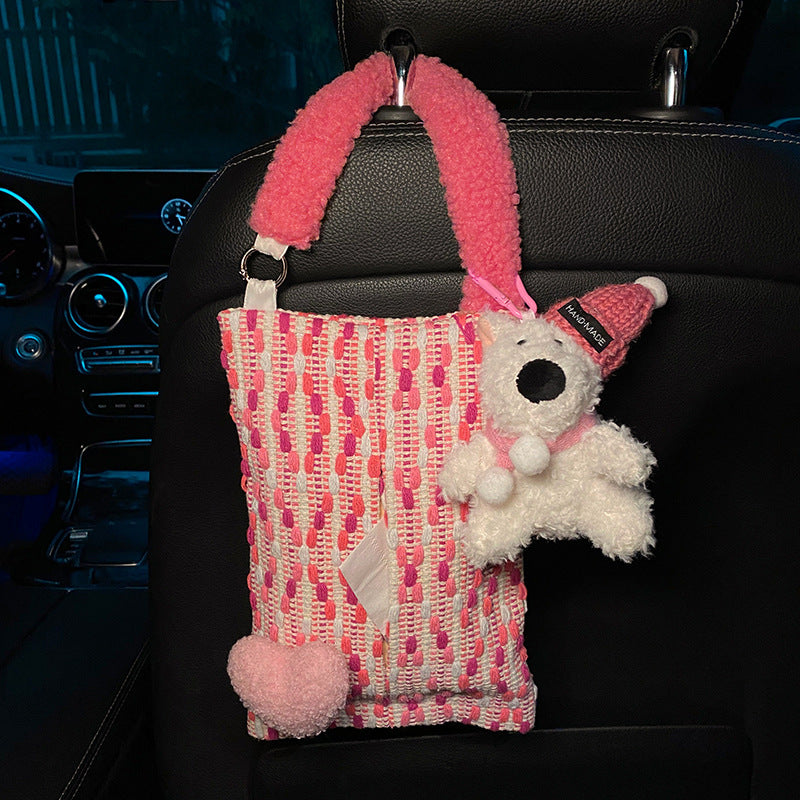 Cute Pink Bear Car Tissue Holder - Woven Design