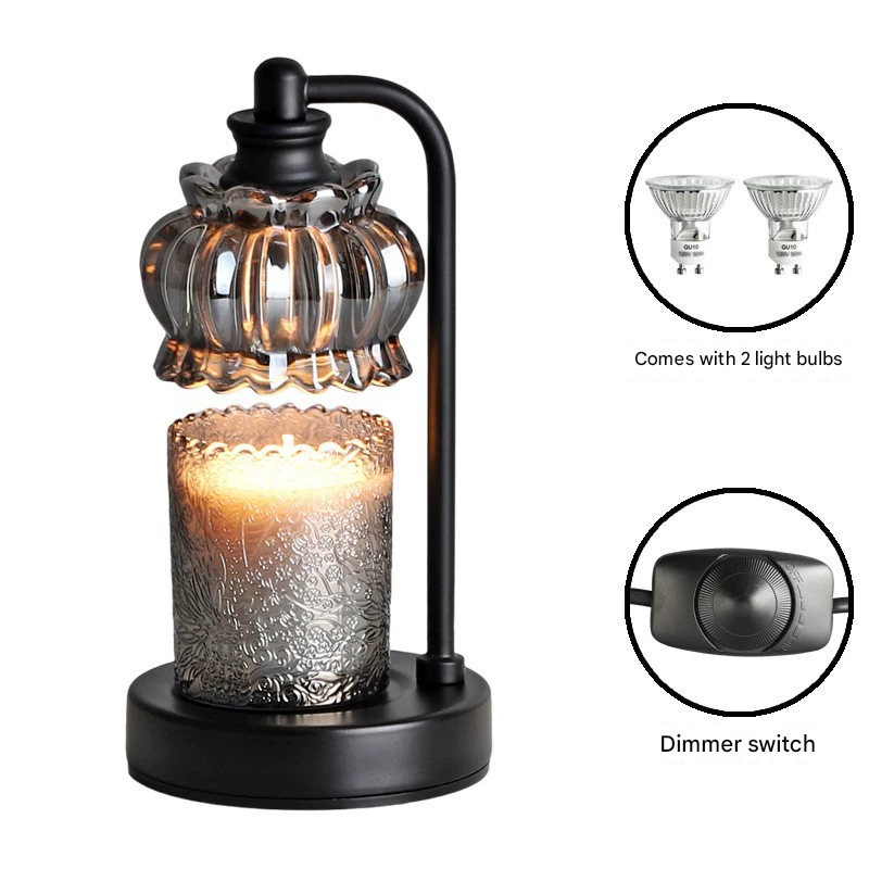 Black Vintage Glass Shade Candle Warmer Lamp with Dimmer and Bonus Bulbs - Elegant Home Decor