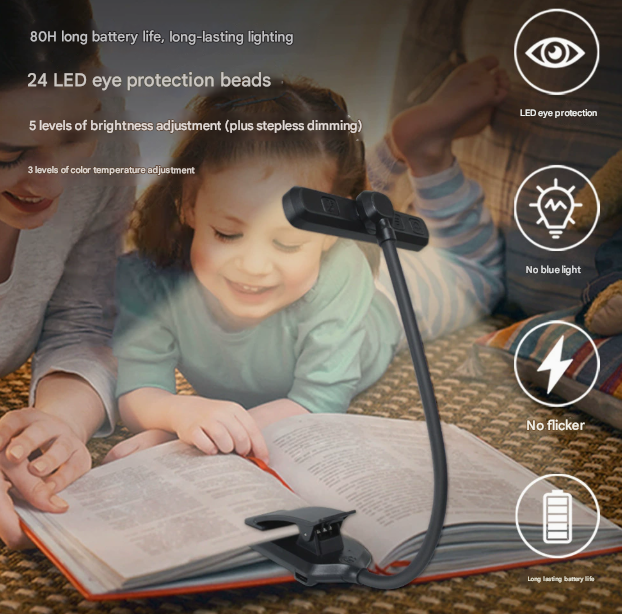 Black Rechargeable LED Book Light with Adjustable Brightness and Color Temperature - Perfect for Reading