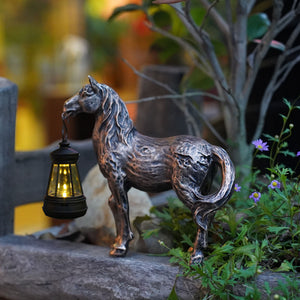 Brown Solar-Powered Horse Statue with LED Lantern - Rustic Outdoor Garden Ornament