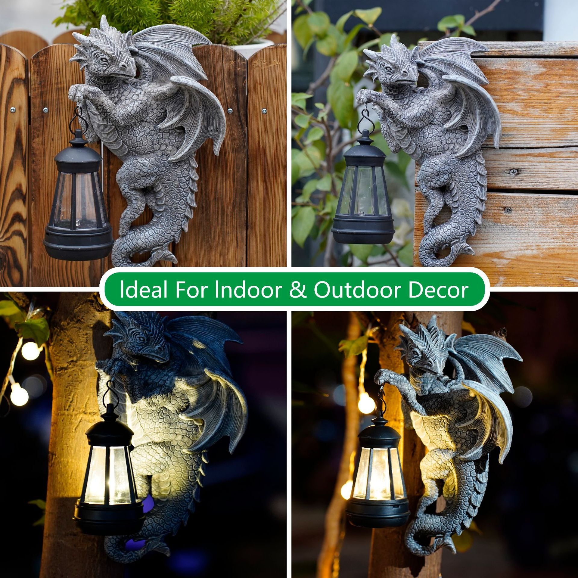 Solar-Powered Dragon Statue with LED Lantern - Gothic Outdoor Wall Hanging Decor