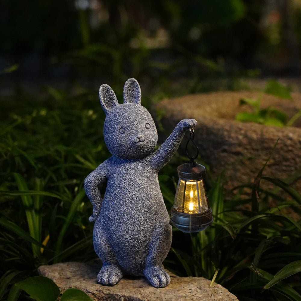 Green Solar-Powered Rabbit Statue with LED Lantern - Cute Garden & Lawn Decoration