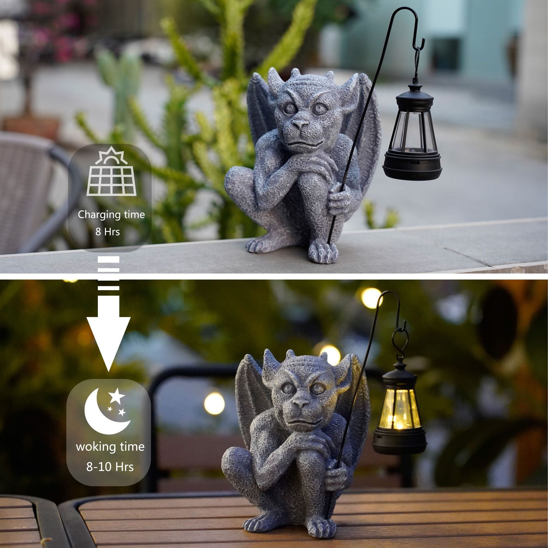 Solar-Powered Gargoyle Statue with LED Lantern – Gothic Outdoor Halloween Garden Decor