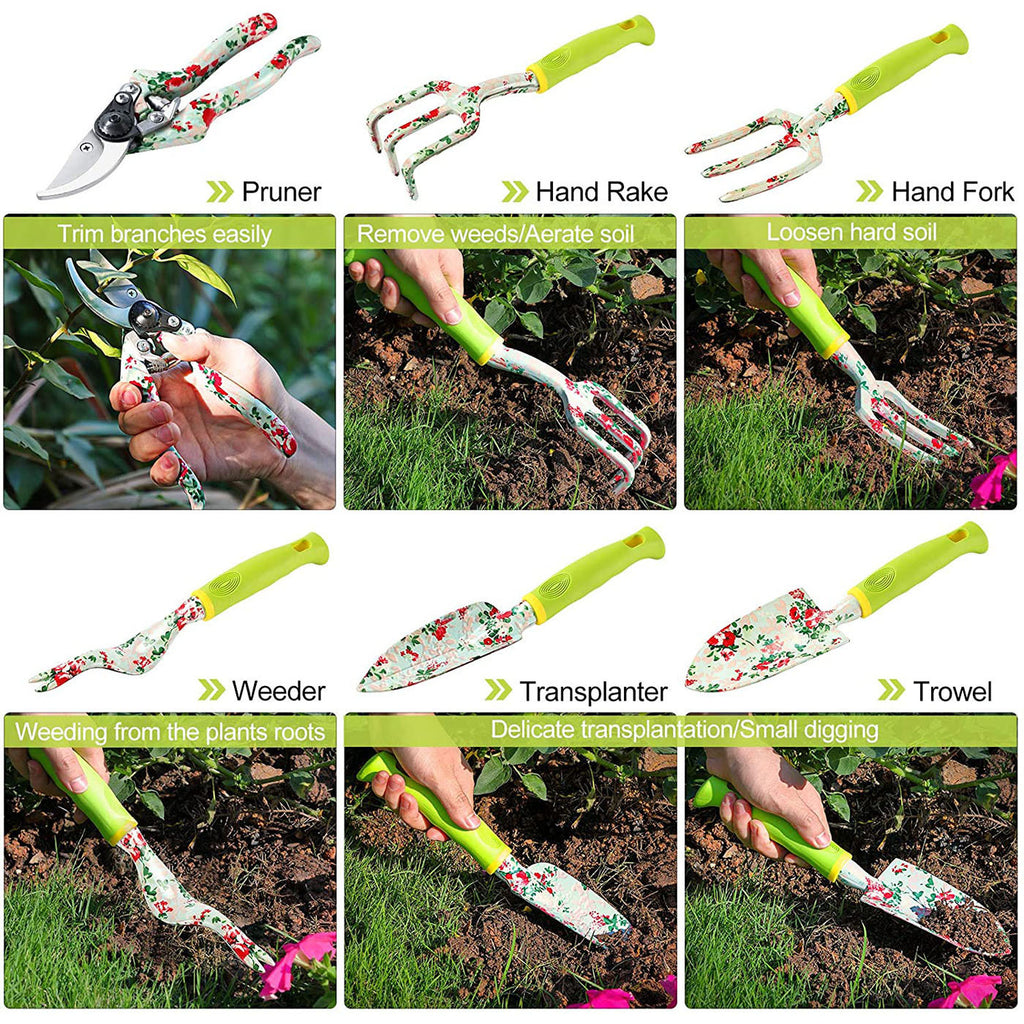 Green 9-Piece Floral Garden Tool Set for Women – Complete Gardening Kit with Tote Bag, Pruners, and Gloves