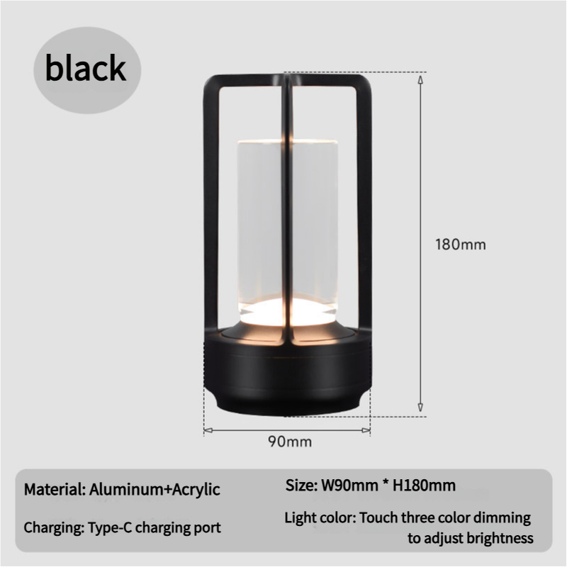 Black Rechargeable Table Lamp - Touch Dimming 3-Color LED Light for Bedroom and Office