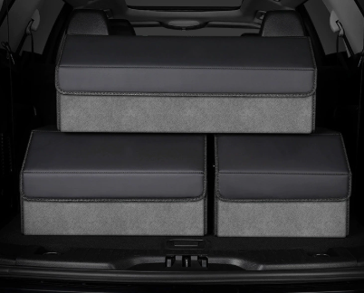 Medium Sized Tumbled Leather Grey Foldable Car Trunk Storage Box - Large Capacity Insertable Rear Organizer