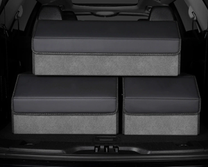 Medium Sized Tumbled Leather Grey Foldable Car Trunk Storage Box - Large Capacity Insertable Rear Organizer