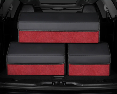Extra Large Tumbled Leather Red Foldable Car Trunk Storage Box - Large Capacity Insertable Rear Organizer