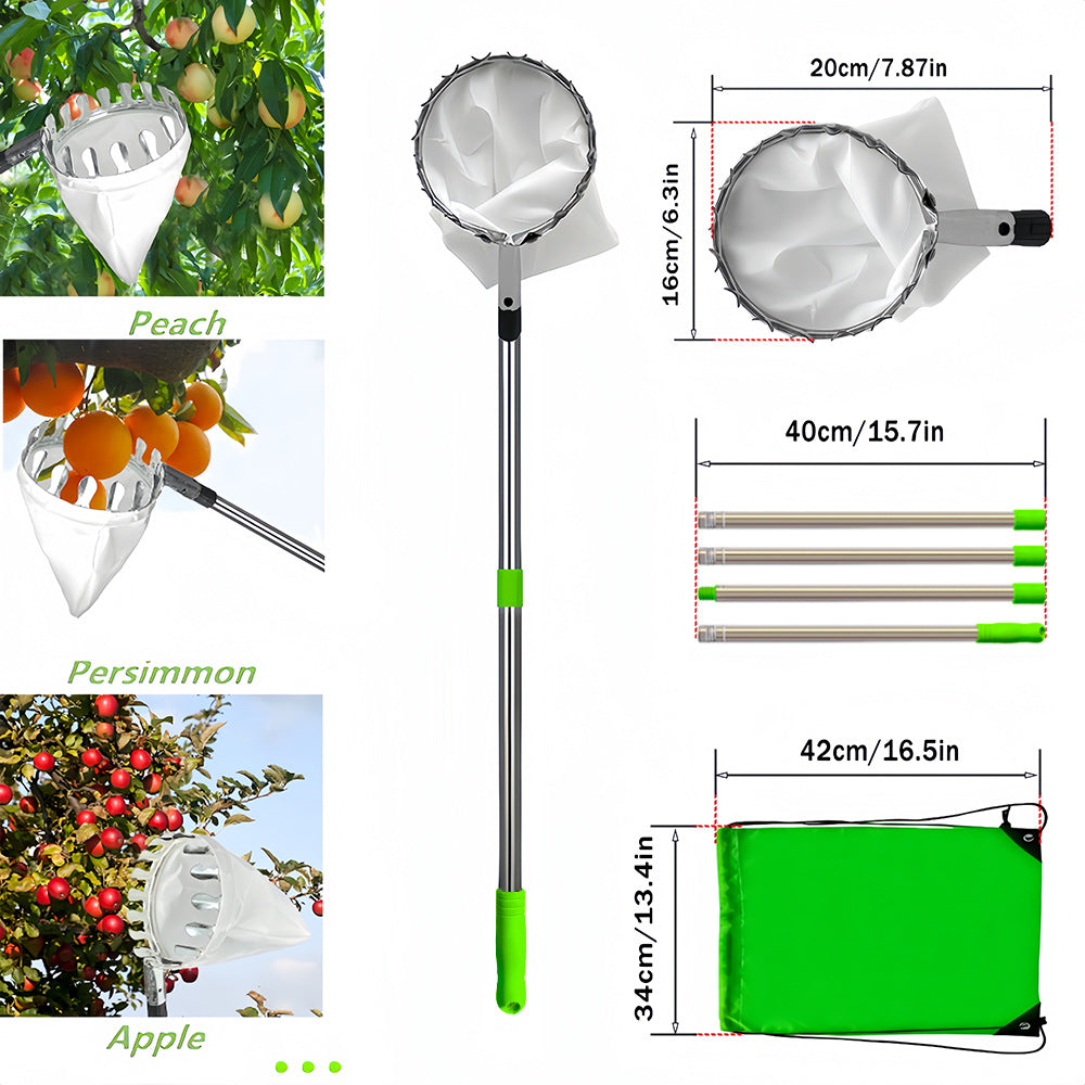 Telescoping Fruit Picker - Apple, Peach, Persimmon Harvesting Tool with Collection Bag, High Reach Fruit Catcher 2m
