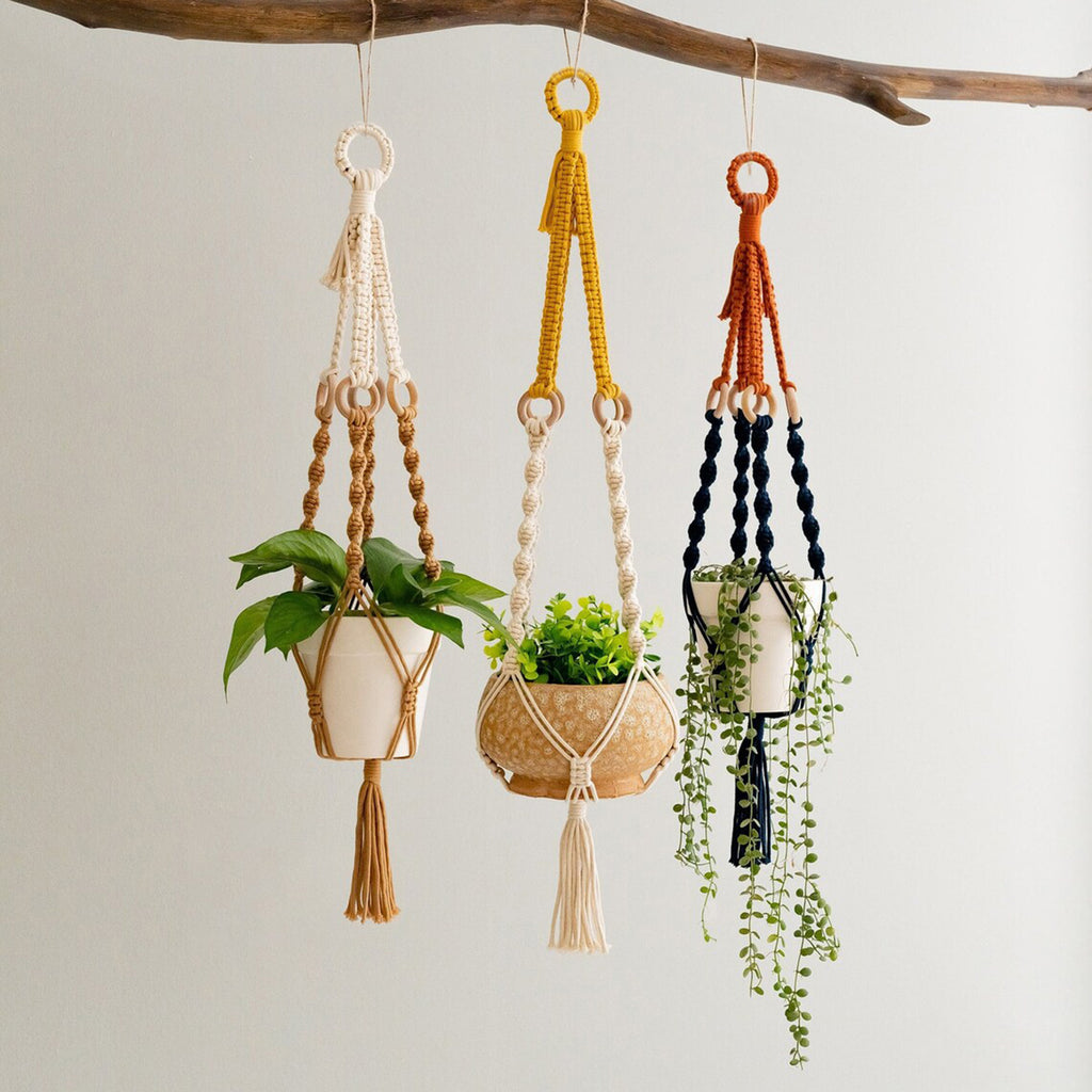 3 pcs Handwoven Plant Hanger-Cotton Rope Hanging Planter with Wooden Rings