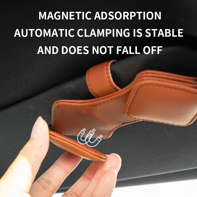 2 Pcs Red Car Sun Visor Glasses Holder Clip with Dual Magnetic Clamps - PU Leather, Anti-Slip, and Multi-Functional Storage