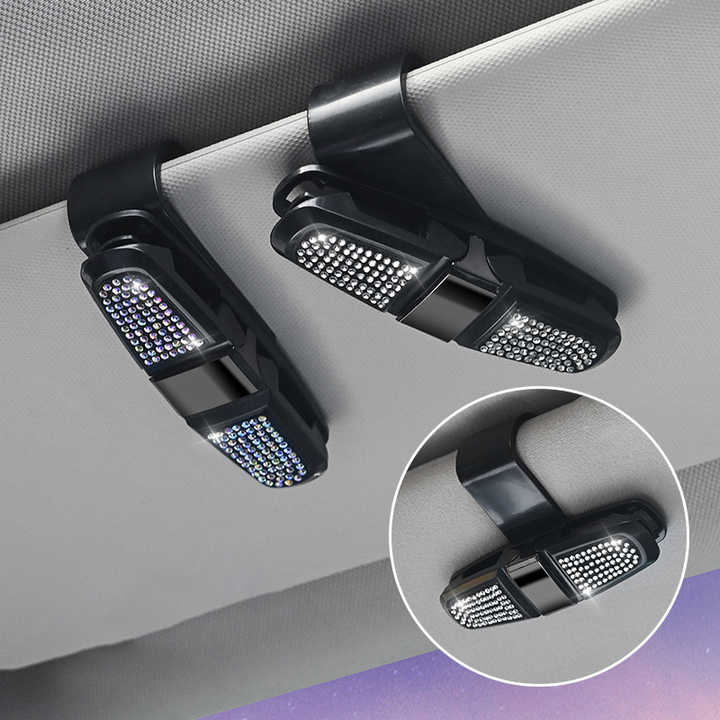 6 Pcs Blue Luxury Rhinestone Car Sun Visor Glasses Clip - Multi-Functional, 180° Rotatable, ABS Material