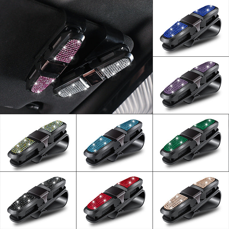6 Pcs Green Luxury Rhinestone Car Sun Visor Glasses Clip - Multi-Functional, 180° Rotatable, ABS Material