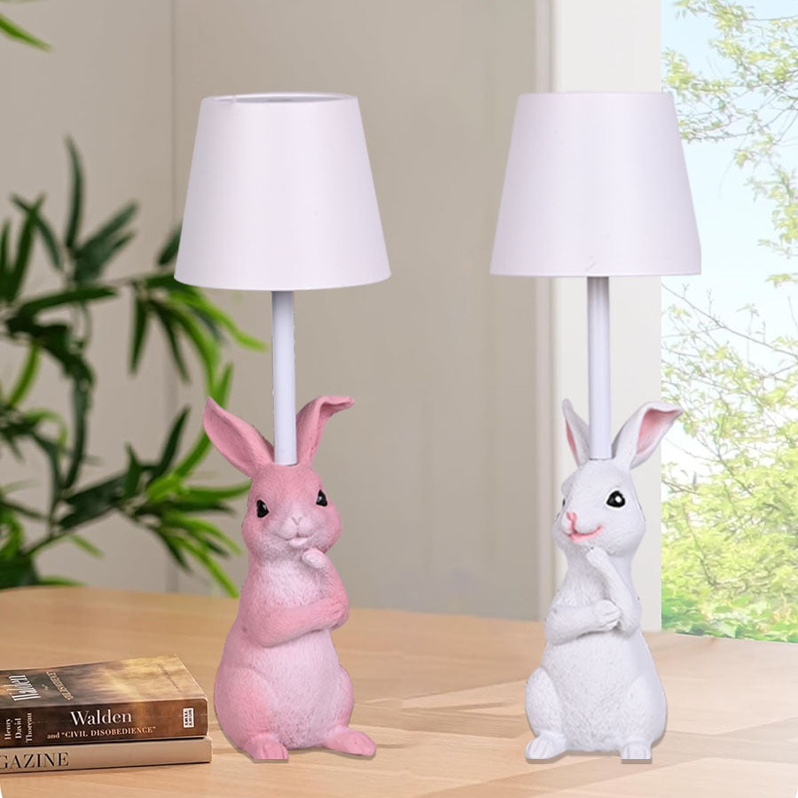 White Bunny White Lampshade Adorable Rabbit Resin Table Lamp - 3-Color LED, USB Rechargeable, Touch Dimming
