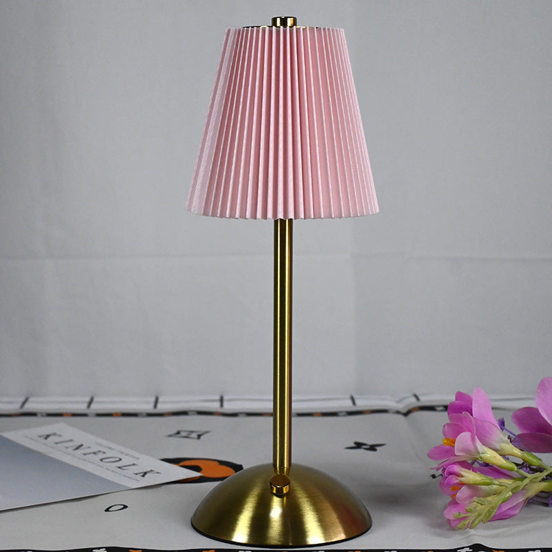 Pink Elegant Pleated Fabric Table Lamp - 3-Color LED, USB Rechargeable, Touch Dimming