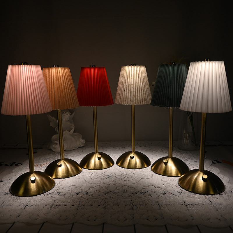 Beige Elegant Pleated Fabric Table Lamp - 3-Color LED, USB Rechargeable, Touch Dimming