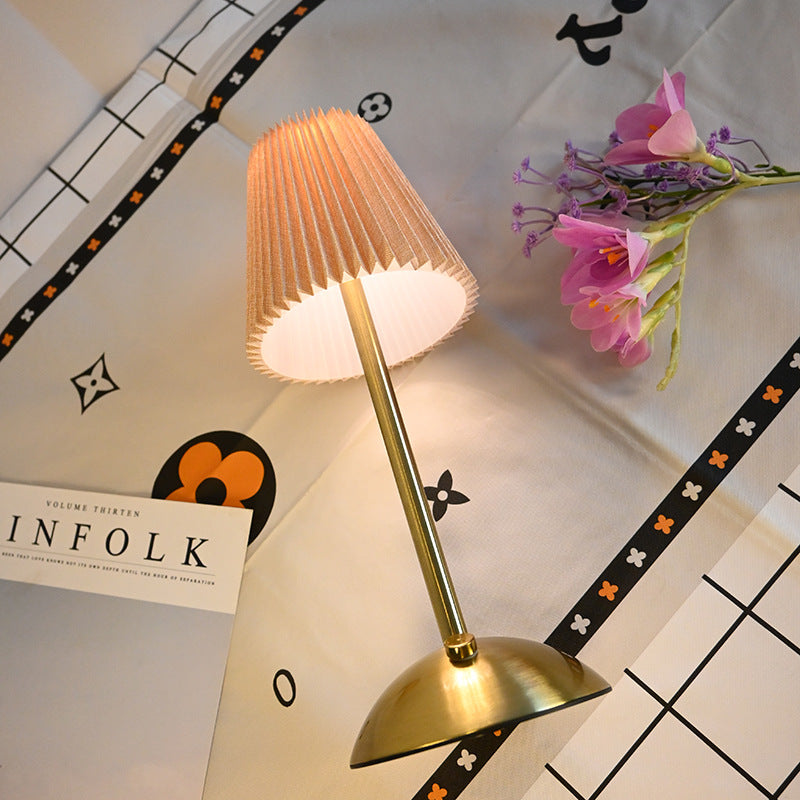 Red Elegant Pleated Fabric Table Lamp - 3-Color LED, USB Rechargeable, Touch Dimming