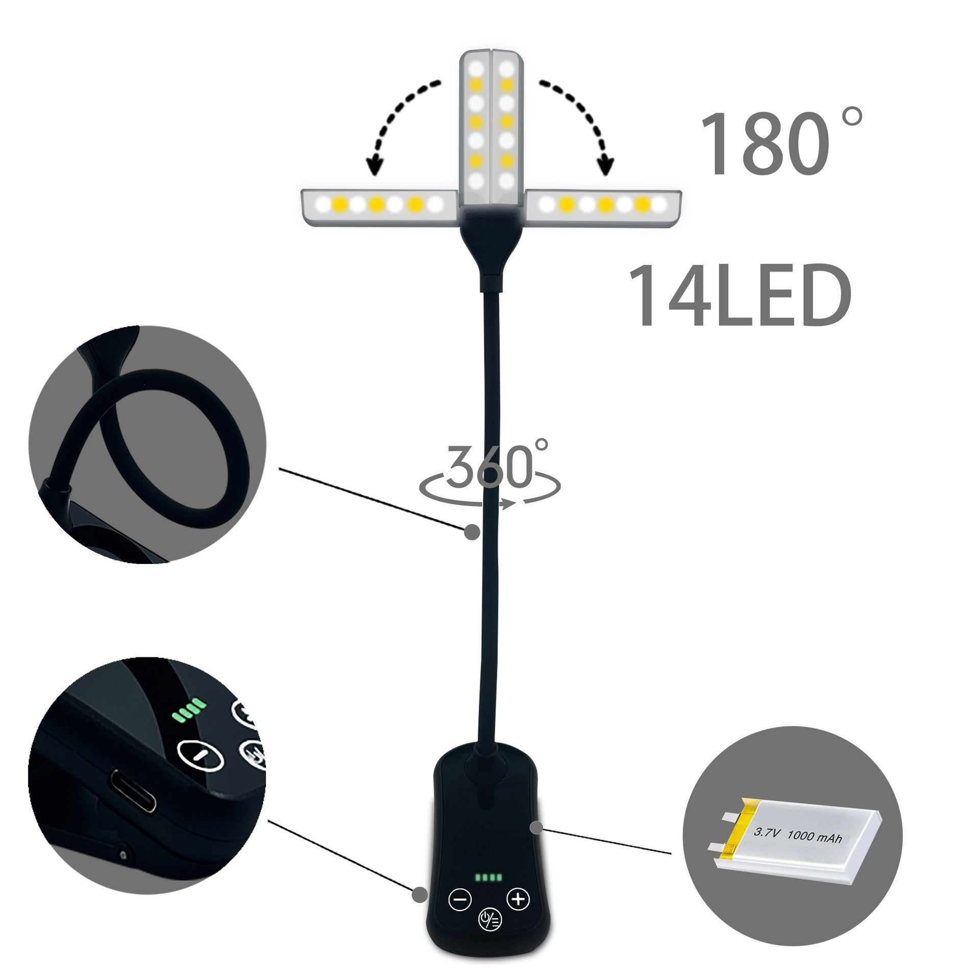 Black Rechargeable Dual-Head Clip-On Book Light - Touch Control Reading Lamp with Eye Protection