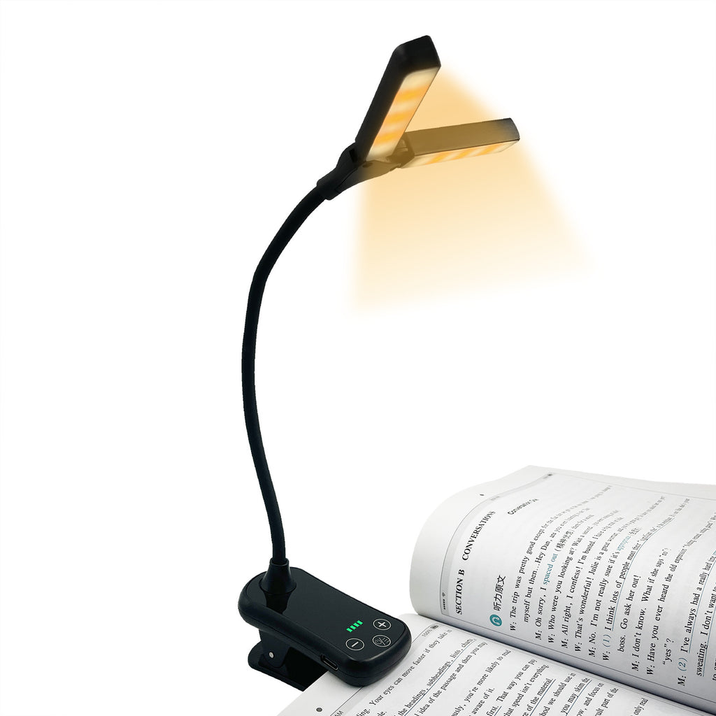 Black Rechargeable Dual-Head Clip-On Book Light - Touch Control Reading Lamp with Eye Protection