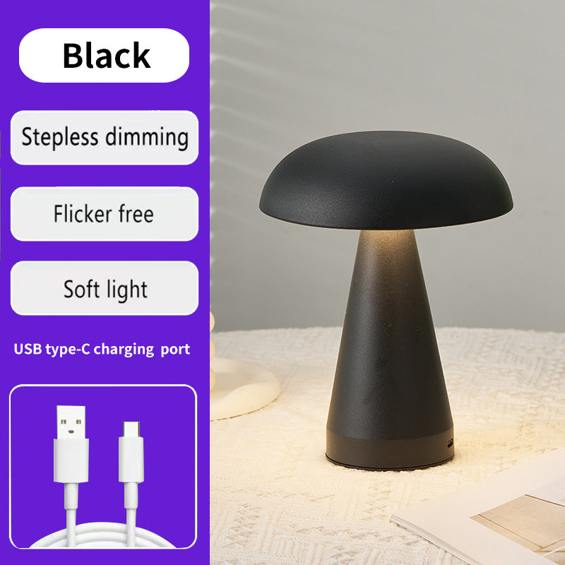 Black Metal Mushroom Table Lamp - Rechargeable Touch Control Ambient Light with Remote