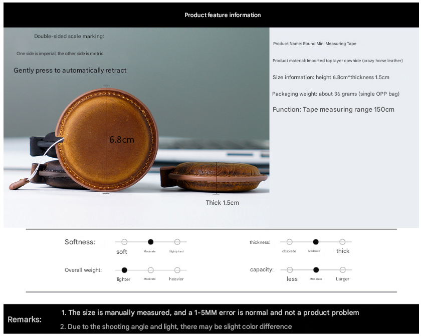 Coffee Mini Leather Tape Measure - 1.5m/60in - Round Plain