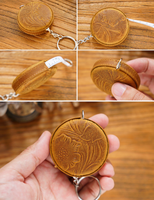 Brown Mini Leather Tape Measure - 1.5m/60in - Round With Hook And Pattern