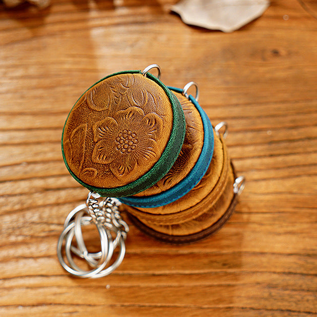 Coffee Side Band Mini Leather Tape Measure - 1.5m/60in - Round With Hook And Pattern