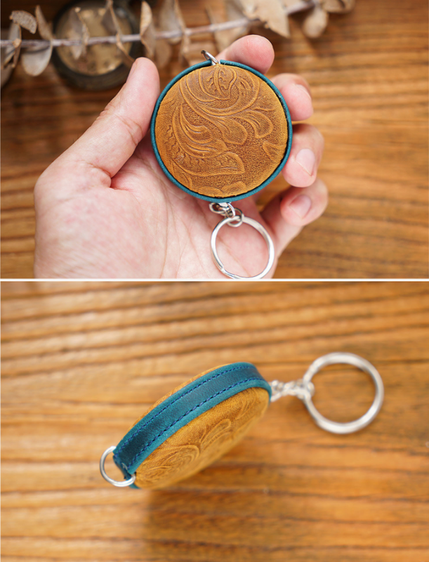 Blue Side Band Mini Leather Tape Measure - 1.5m/60in - Round With Hook And Pattern