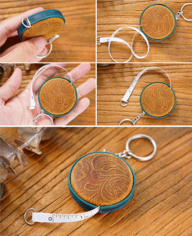 Blue Side Band Mini Leather Tape Measure - 1.5m/60in - Round With Hook And Pattern