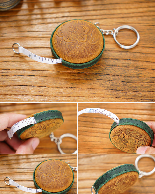 Dark Green Side Band Mini Leather Tape Measure - 1.5m/60in - Round With Hook And Pattern