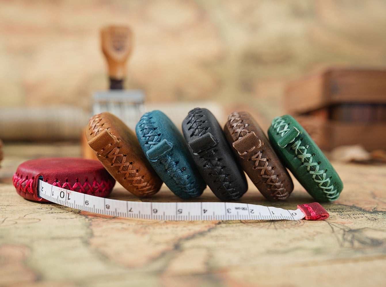 2 PCS Dark Green Hand-Stitched Leather Tape Measure - Compact & Stylish Measuring Tool